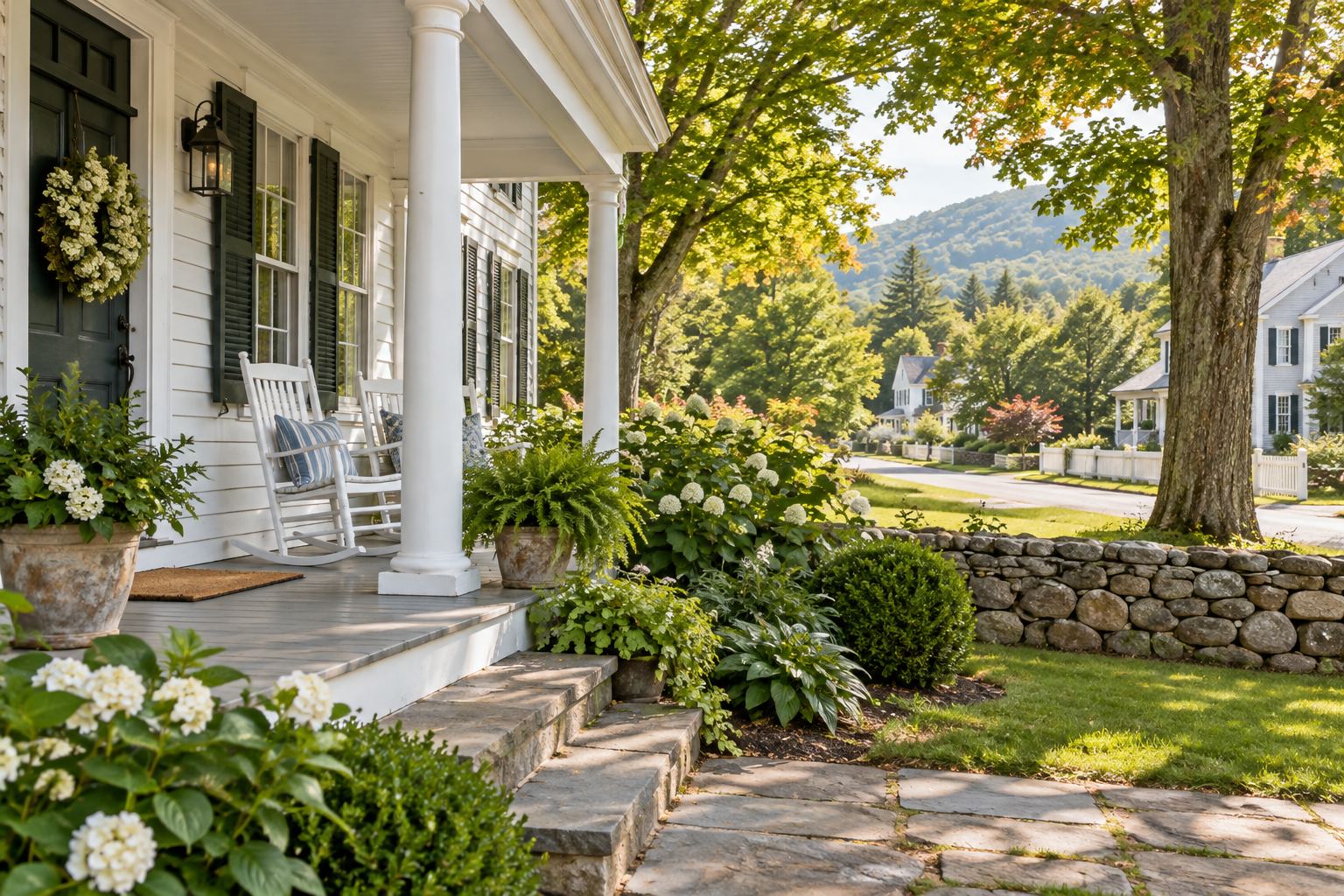 A white New England farmhouse porch, illustrative