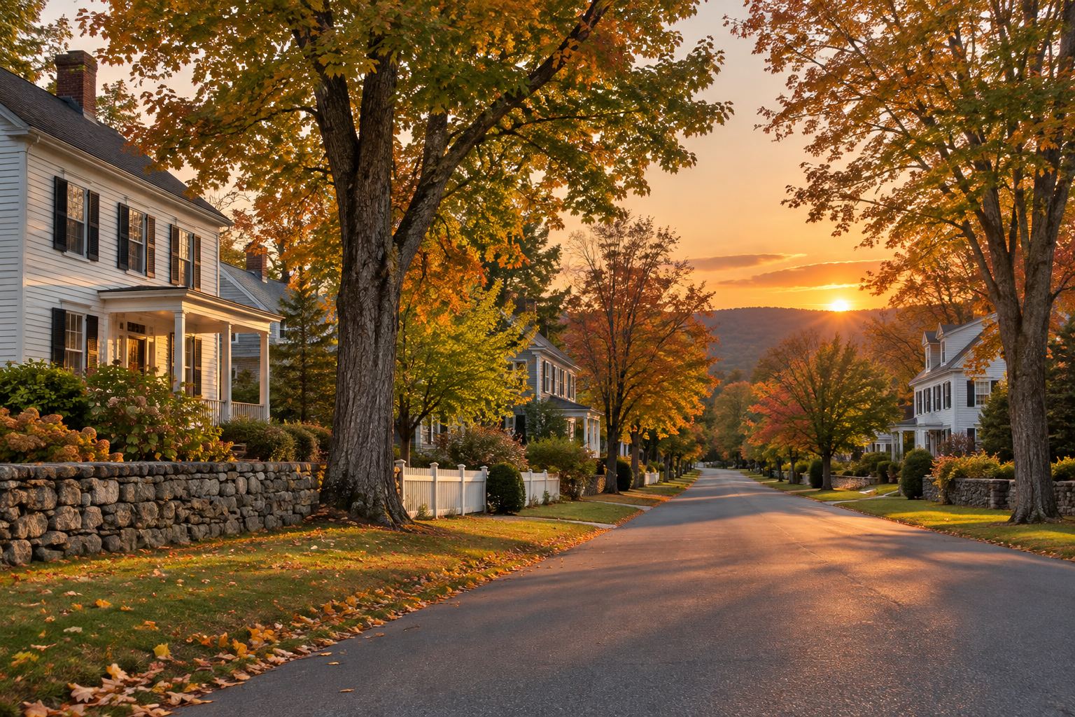 A New England street at sunset in the fall, illustrative