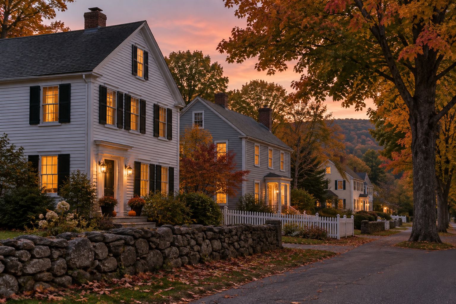 A New England colonial on a fall evening, illustrative