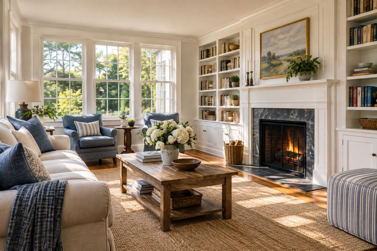 A cozy New England living room, illustrative
